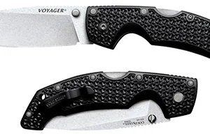 Cold Steel CS29AB Voyager Large 4" Folding Plain Drop Point Stone Washed AUS 10A Steel Blade/Black Textured Griv-Ex Handle