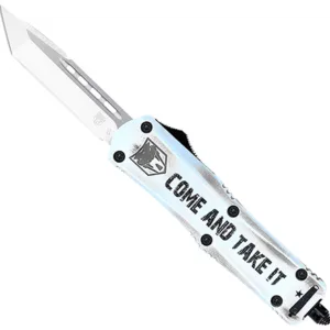 CobraTec Knives SCATIFS3TNS FS-3 Come And Take It Small 3" OTF Tanto Plain D2 Steel Blade 4.50" White "Come And Take It" Aluminum Cerakoted Handle Includes Glass Breaker/Pocket Clip