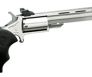 North American Arms MMTM Mini-Master *CA Compliant 22 WMR 5 Shot 4" Vent Rib Barrel, Overall Stainless Steel Finish, Finger Grooved Black Rubber Grip, Adjustable Sights