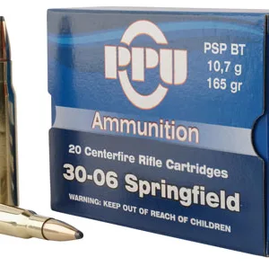 PPU PP30062 Standard Rifle  30-06 Springfield 165 gr Pointed Soft Point Boat-Tail (PSPBT) 20 Per Box/ 10 Cs