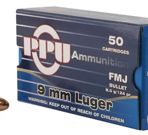 PPU PPH9F2 Handgun  9mm Luger 124 gr Full Metal Jacket 50 Per Box/ 20 Cs