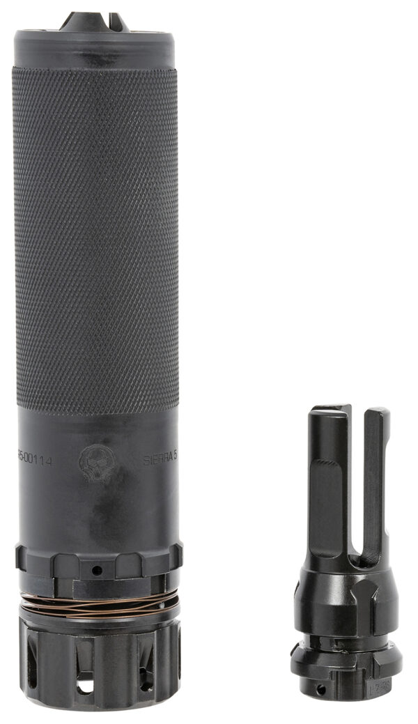 Dead Air SIERRA5KM Sierra-5  5.56mm 1.50"D 1/2"-28 tpi Thread Pattern Made of Stellite Baffles & Stainless Steel Tube with Black Cerakote Finish Includes KeyMo Flash Hider & Mount