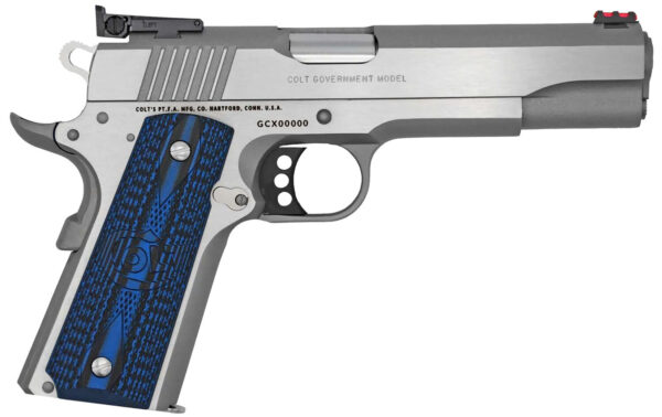 Colt Mfg O5073GCL Gold Cup Lite  38 Super 8+1 5" Stainless National Match Barrel, Stainless Steel Serrated Slide, Stainless Steel Frame w/Beavertail, Blue Scalloped G10 Grip, Ambidextrous