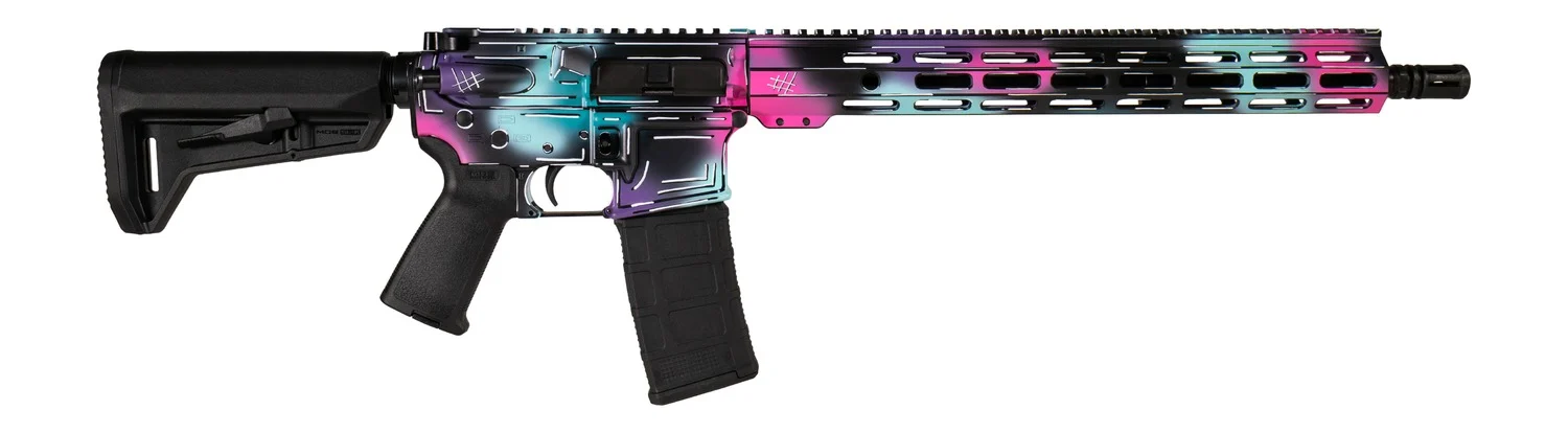 Shark Coast Tactical SCC101938DISB Anime-15 5.56 NATO 30+1 16" Black Nitride Threaded Barrel, Disco Cerakote Aluminum Receiver w/Picatinny Rail, M-LOK Handguard, Magpul Collapsible Black Polymer Stoc